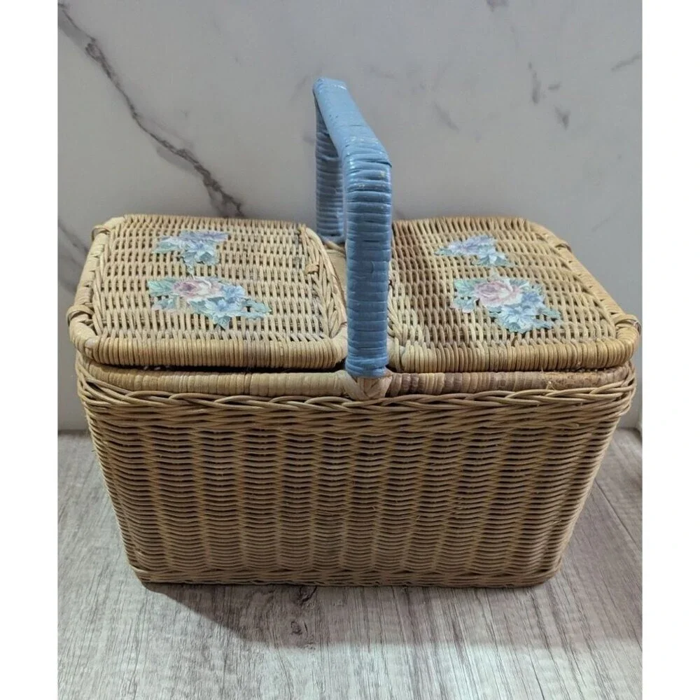 Vintage Floral Wicker Picnic Basket Double Lid Blue Handle Sewing Box 12x9x8